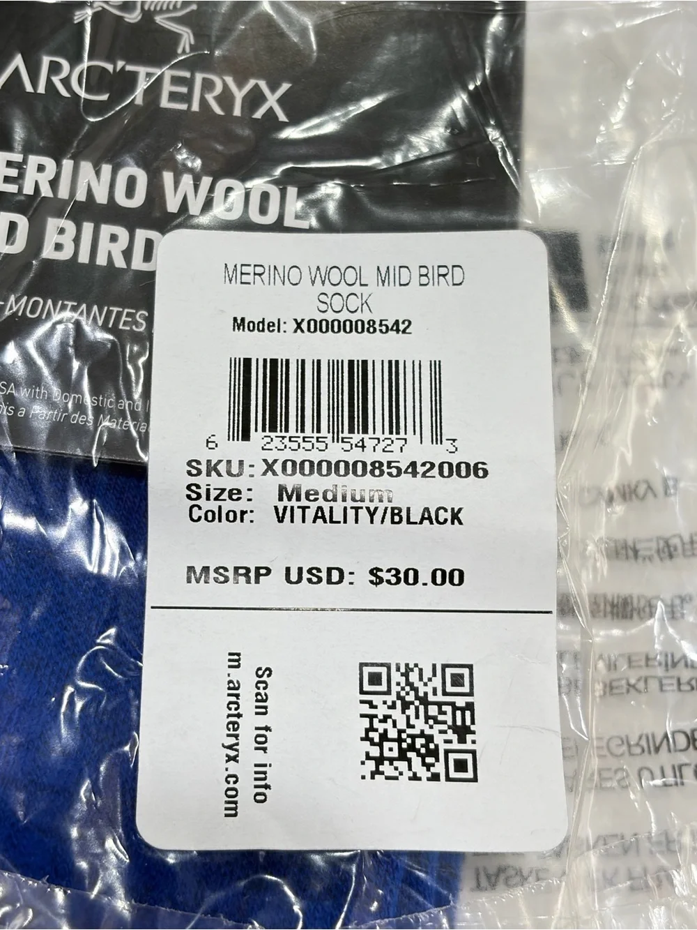 Arc’teryx Men's Medium Merino Wool Mid Bird Sock Adult Women's Blue Black NWT